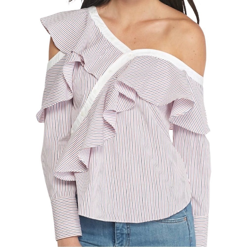 English Factory Ruffled Striped Off The Shoulder Top Size Small